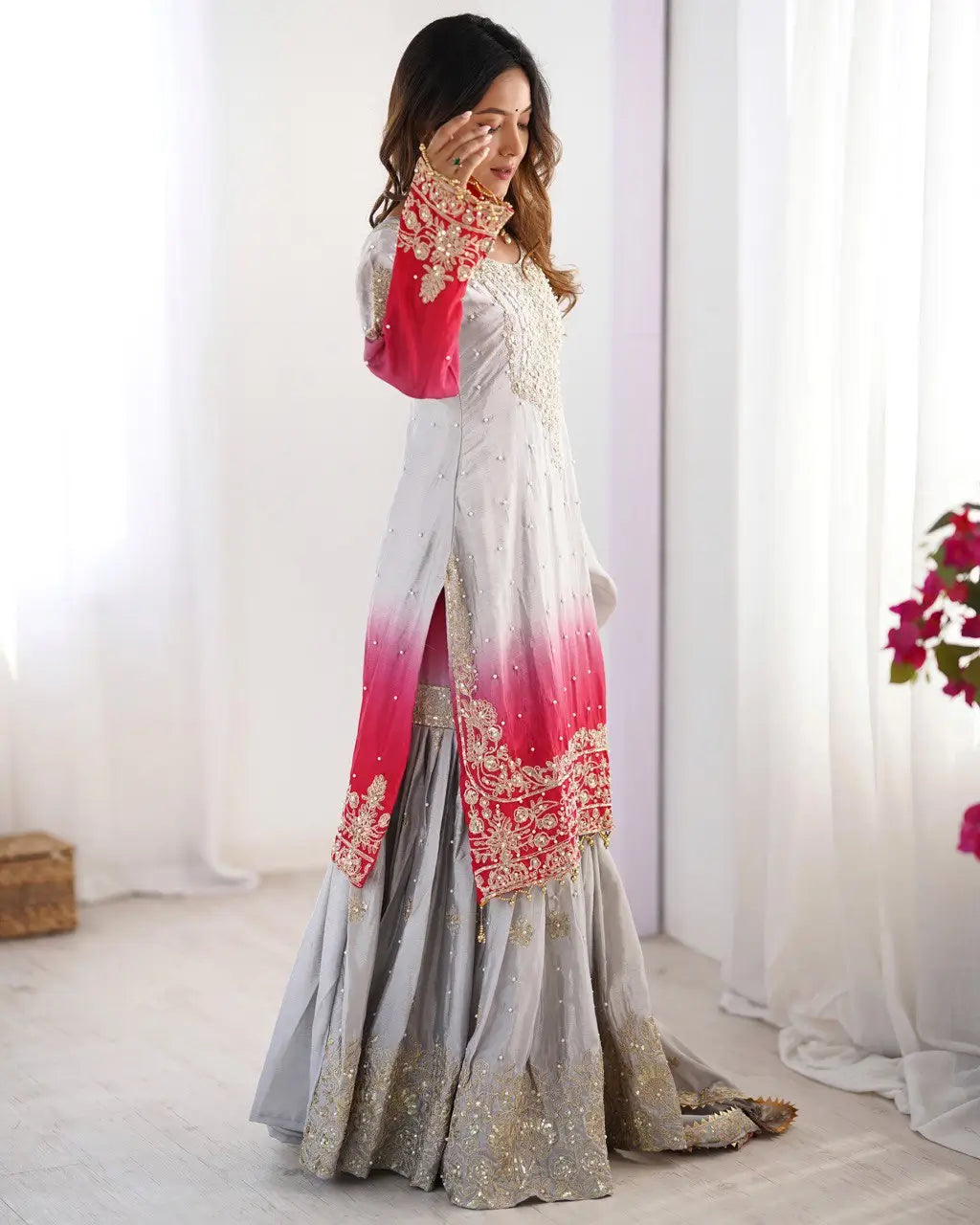 Chinon Silk Embroidered Sharara Suit Set with Dupatta