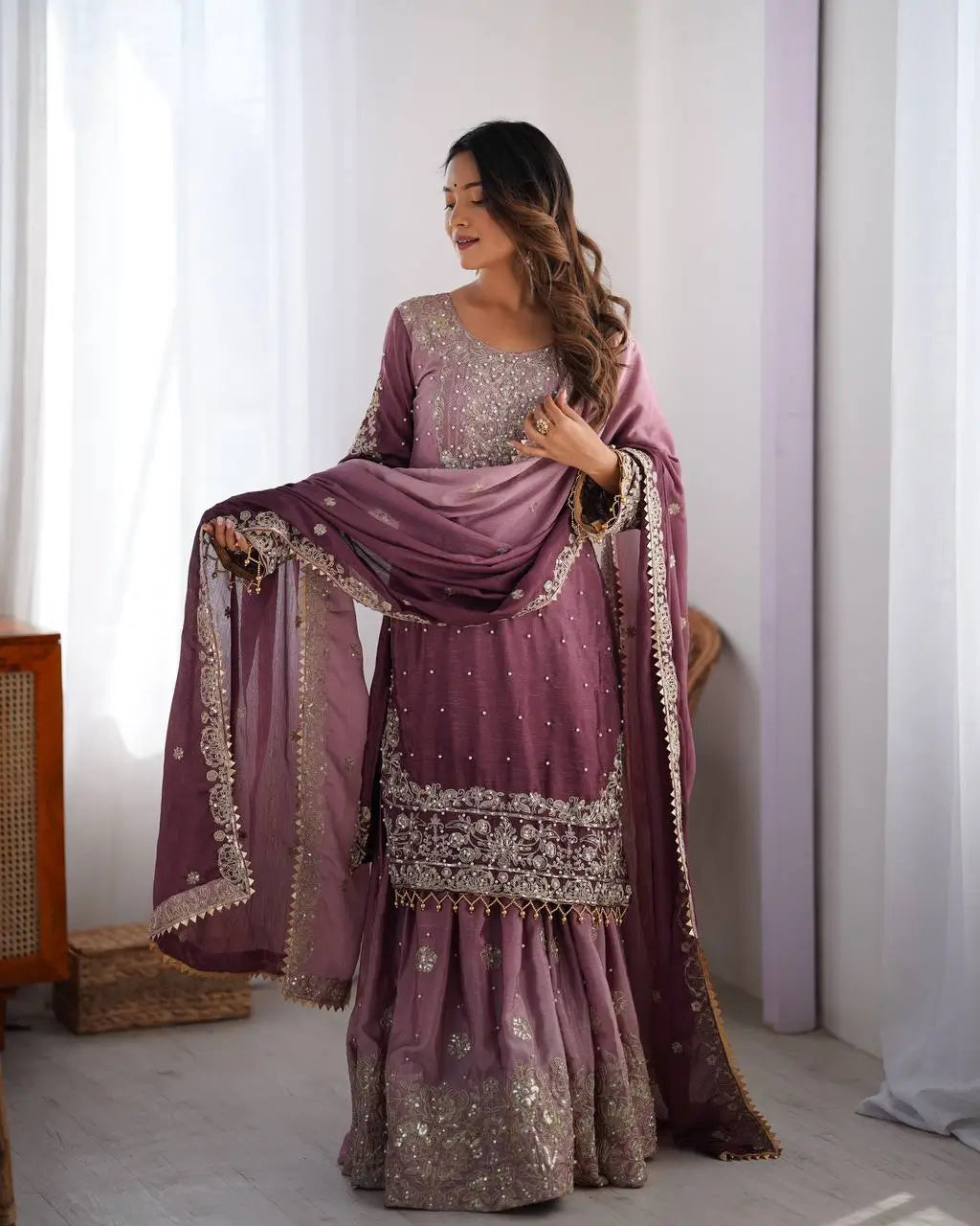Chinon Silk Embroidered Sharara Suit Set with Dupatta