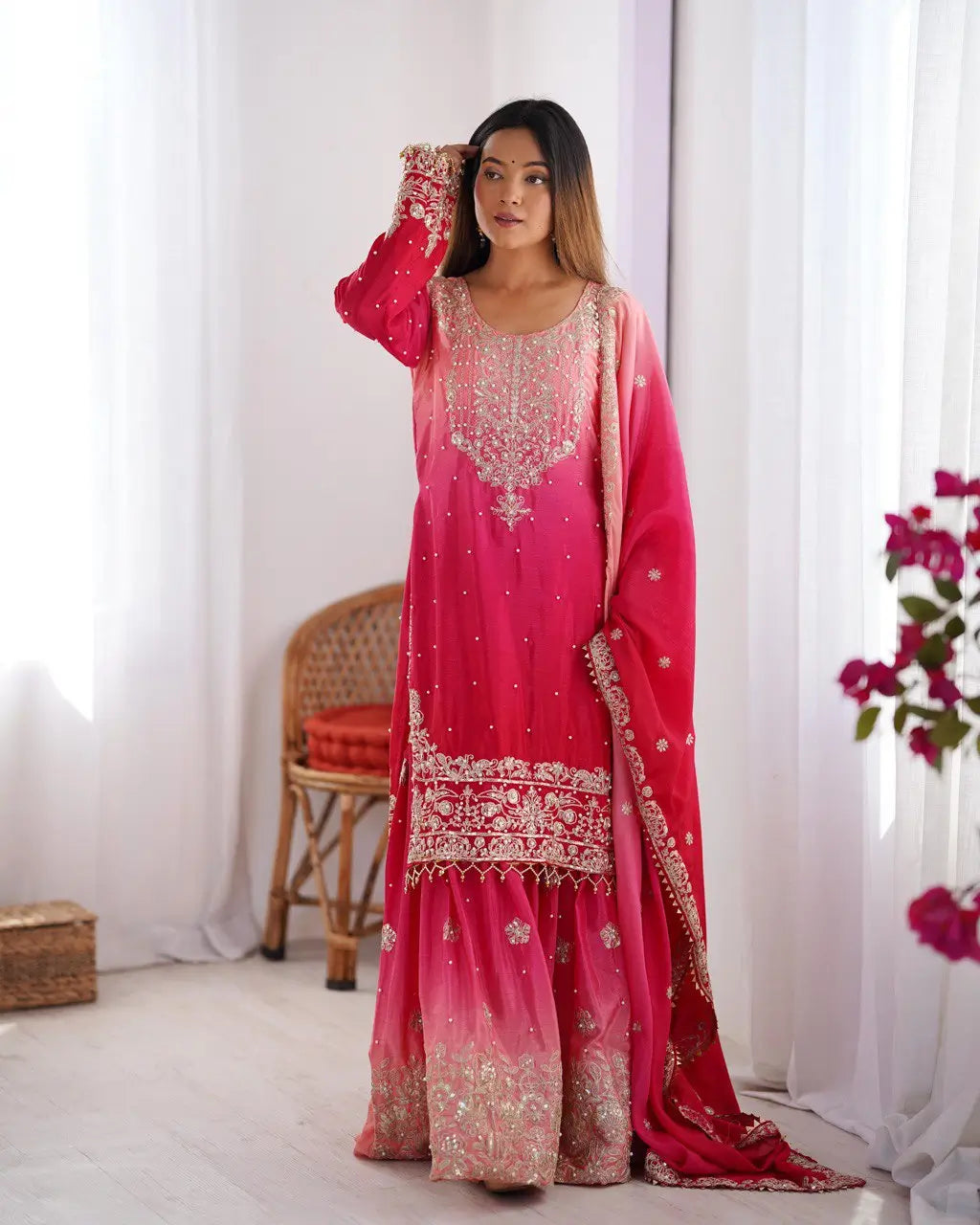 Chinon Silk Embroidered Sharara Suit Set with Dupatta