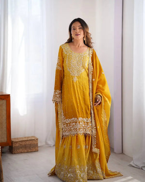 Chinon Silk Embroidered Sharara Suit Set with Dupatta