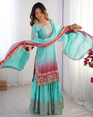 Chinon Silk Embroidered Sharara Suit Set with Dupatta