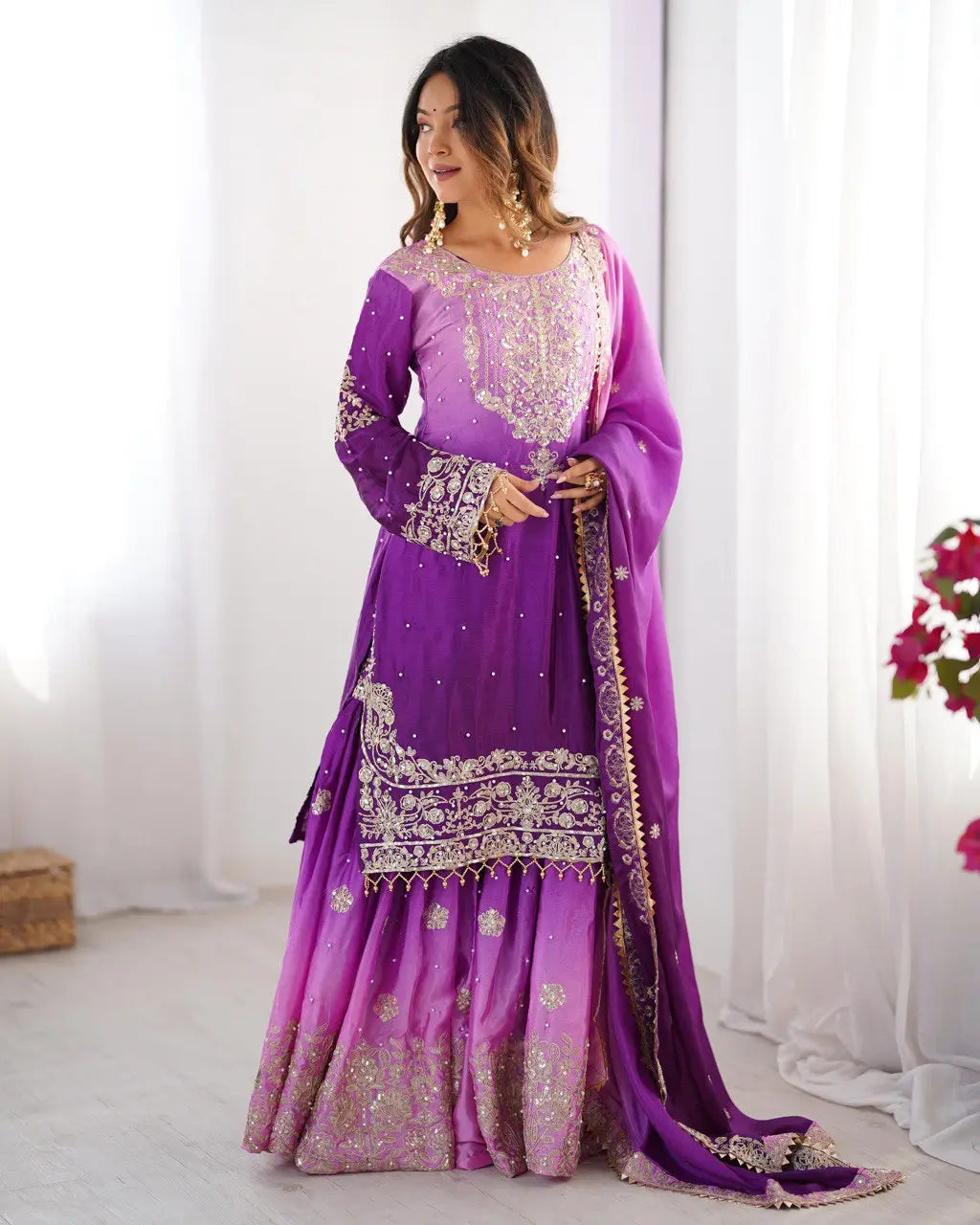Chinon Silk Embroidered Sharara Suit Set with Dupatta