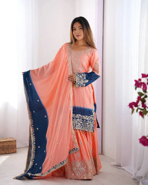 Chinon Silk Embroidered Sharara Suit Set with Dupatta