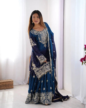 Chinon Silk Embroidered Sharara Suit Set with Dupatta