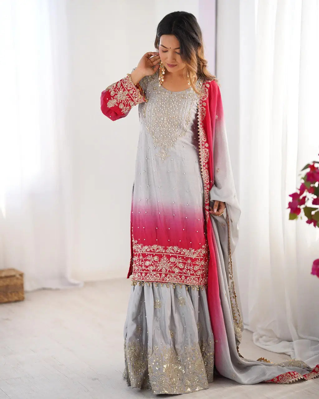 Chinon Silk Embroidered Sharara Suit Set with Dupatta