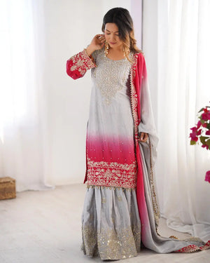 Chinon Silk Embroidered Sharara Suit Set with Dupatta