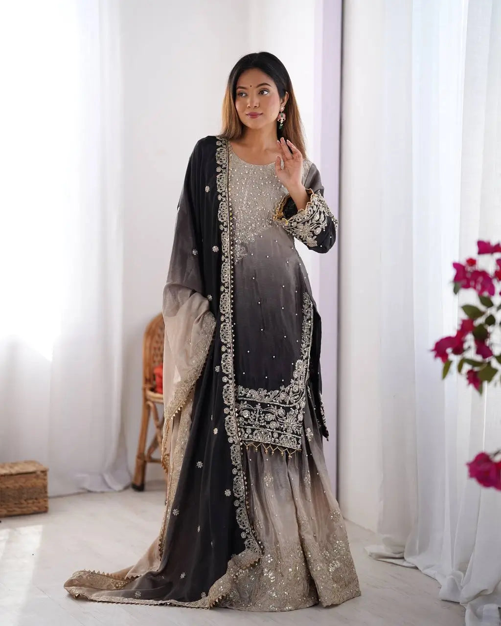 Chinon Silk Embroidered Sharara Suit Set with Dupatta