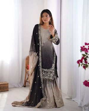 Chinon Silk Embroidered Sharara Suit Set with Dupatta