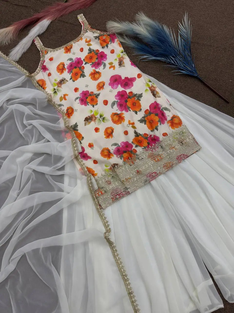 Chinon Silk Floral Palazzo Suit with Dupatta