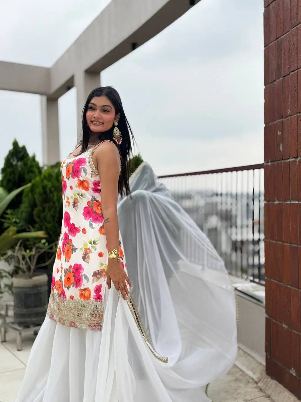 Chinon Silk Floral Palazzo Suit with Dupatta