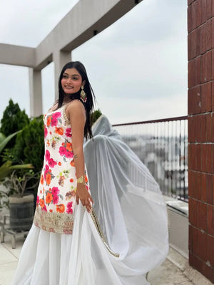 Chinon Silk Floral Palazzo Suit with Dupatta