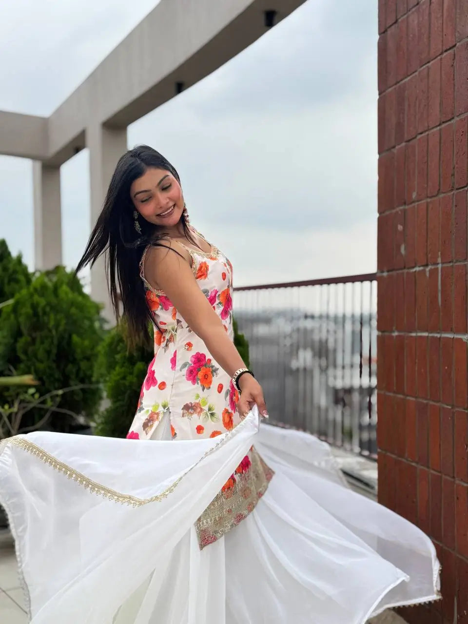 Chinon Silk Floral Palazzo Suit with Dupatta