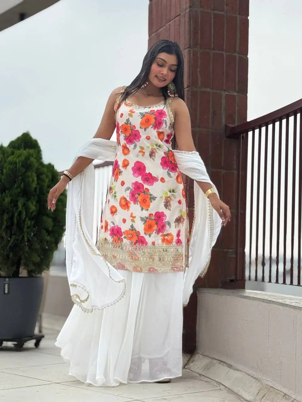 Chinon Silk Floral Palazzo Suit with Dupatta