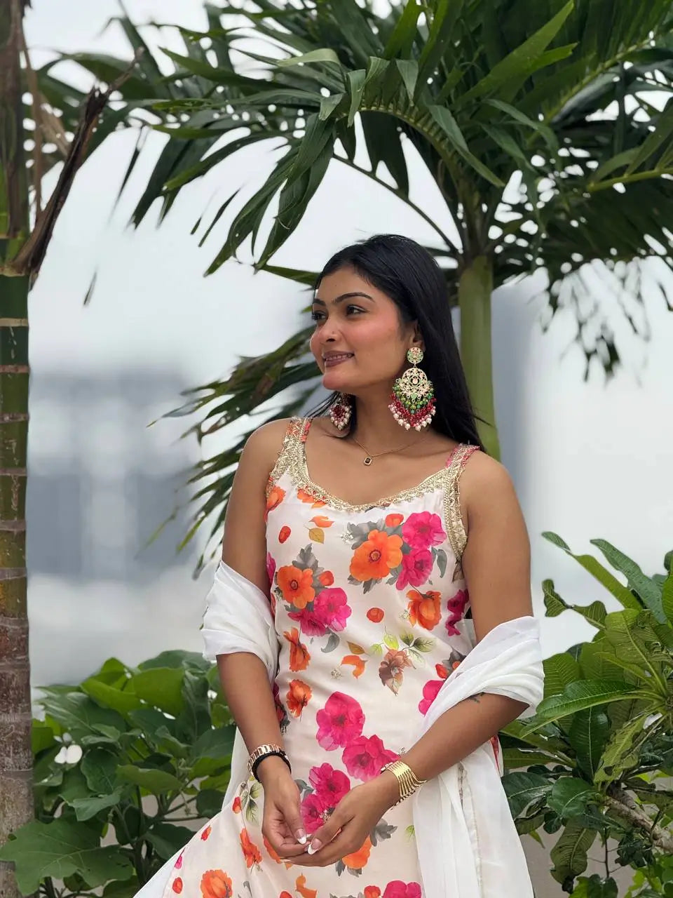 Chinon Silk Floral Palazzo Suit with Dupatta