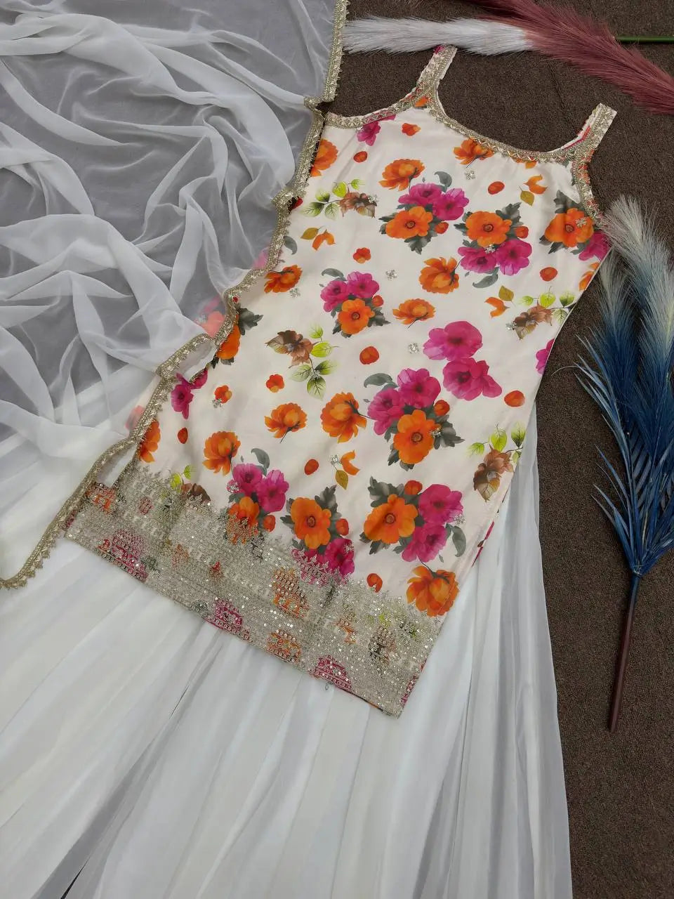 Chinon Silk Floral Palazzo Suit with Dupatta