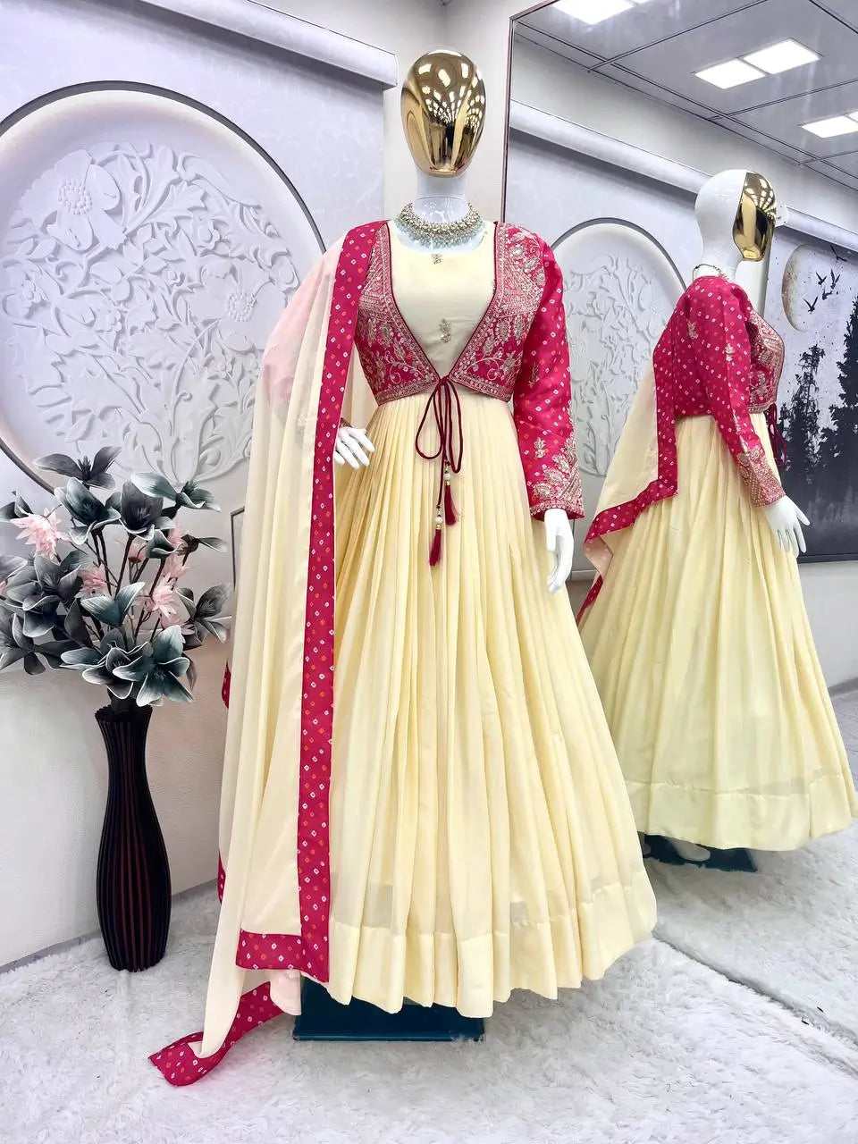 Chinon Silk Gown Set with Embroidered Koti and Dupatta