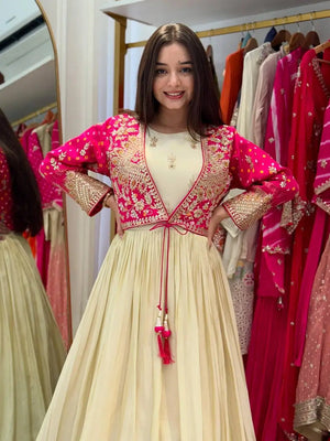 Chinon Silk Gown Set with Embroidered Koti and Dupatta