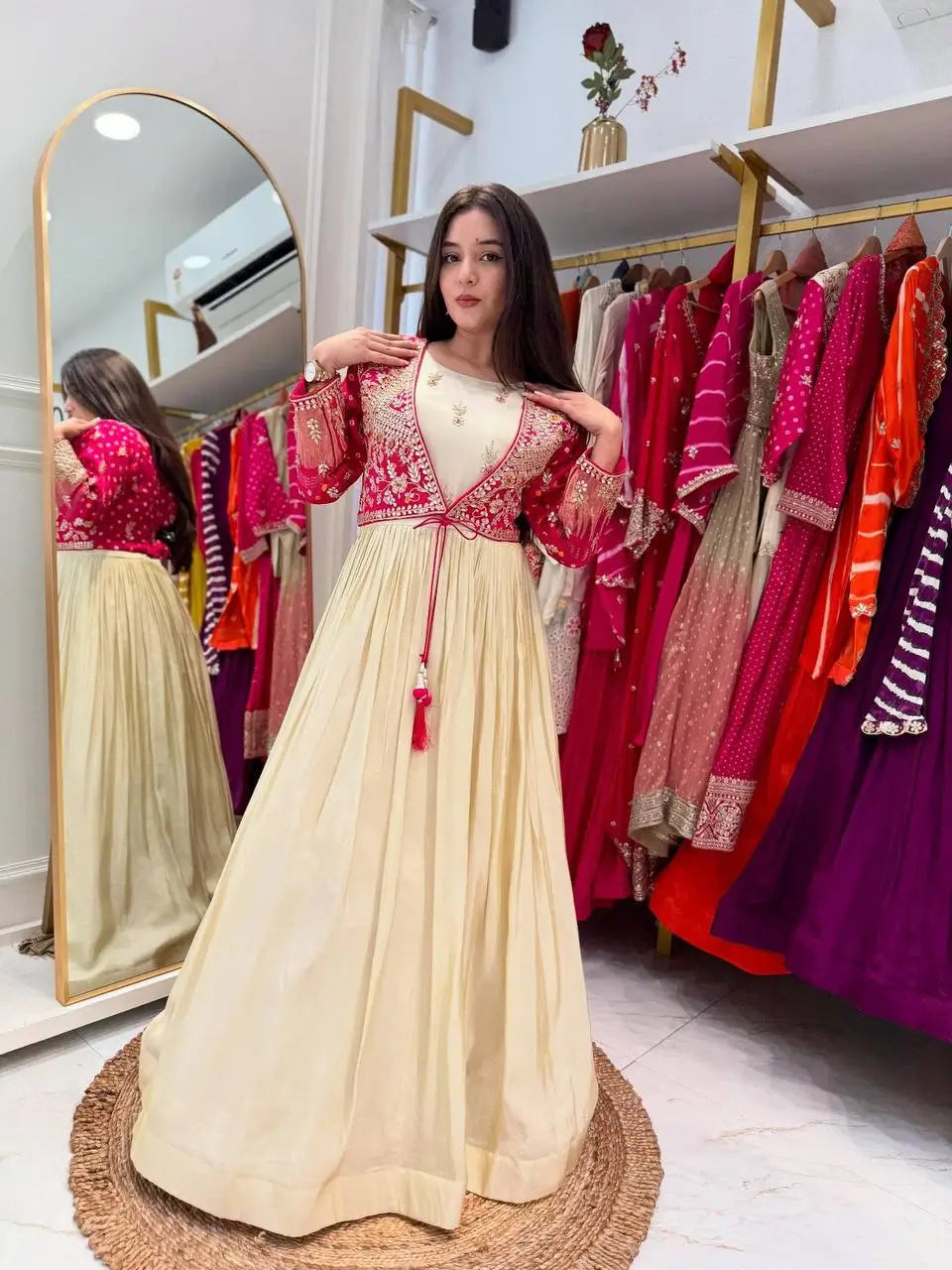 Chinon Silk Gown Set with Embroidered Koti and Dupatta