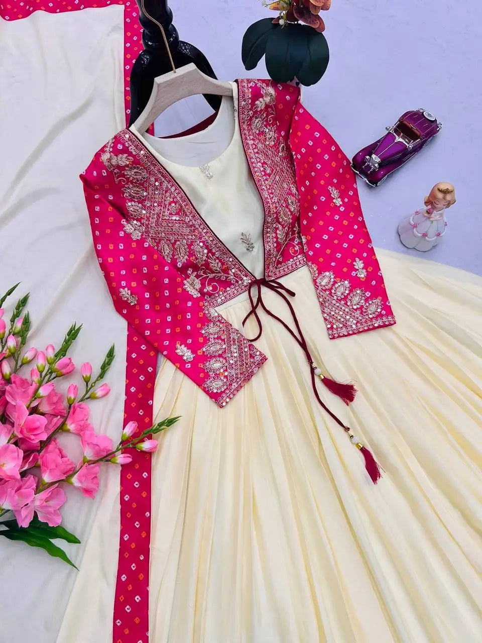 Chinon Silk Gown Set with Embroidered Koti and Dupatta
