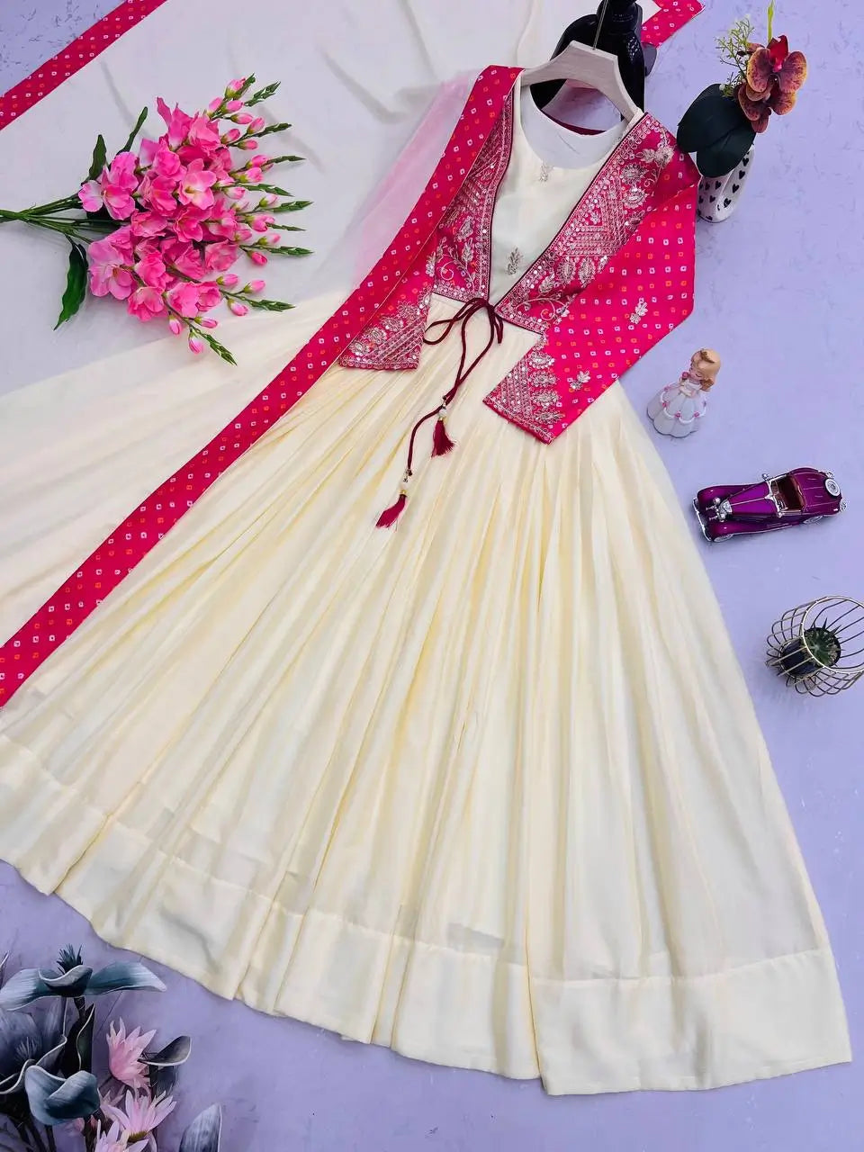 Chinon Silk Gown Set with Embroidered Koti and Dupatta