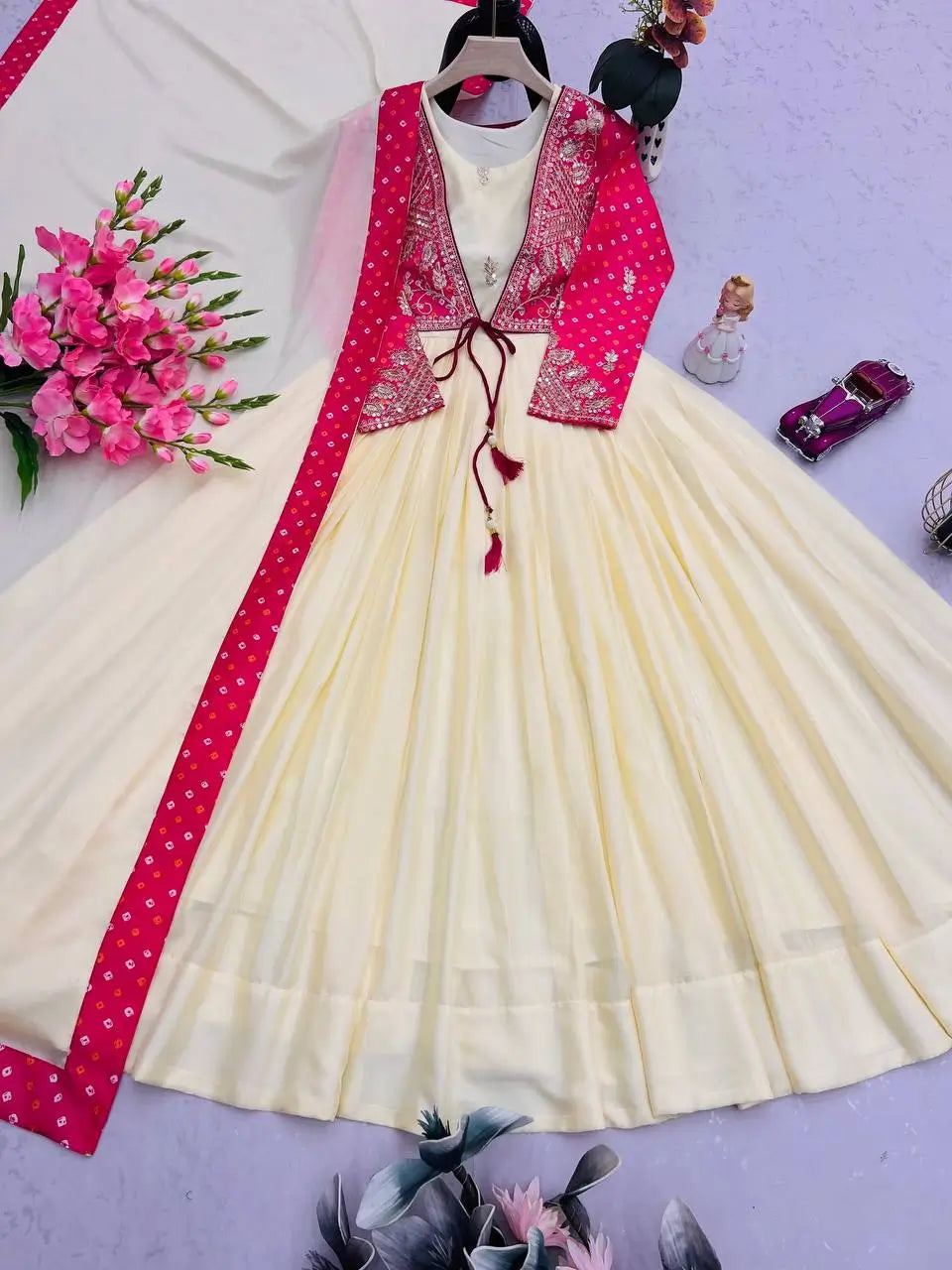 Chinon Silk Gown Set with Embroidered Koti and Dupatta