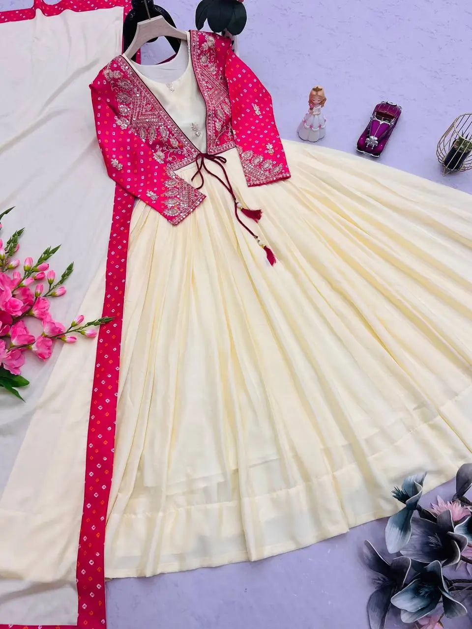 Chinon Silk Gown Set with Embroidered Koti and Dupatta