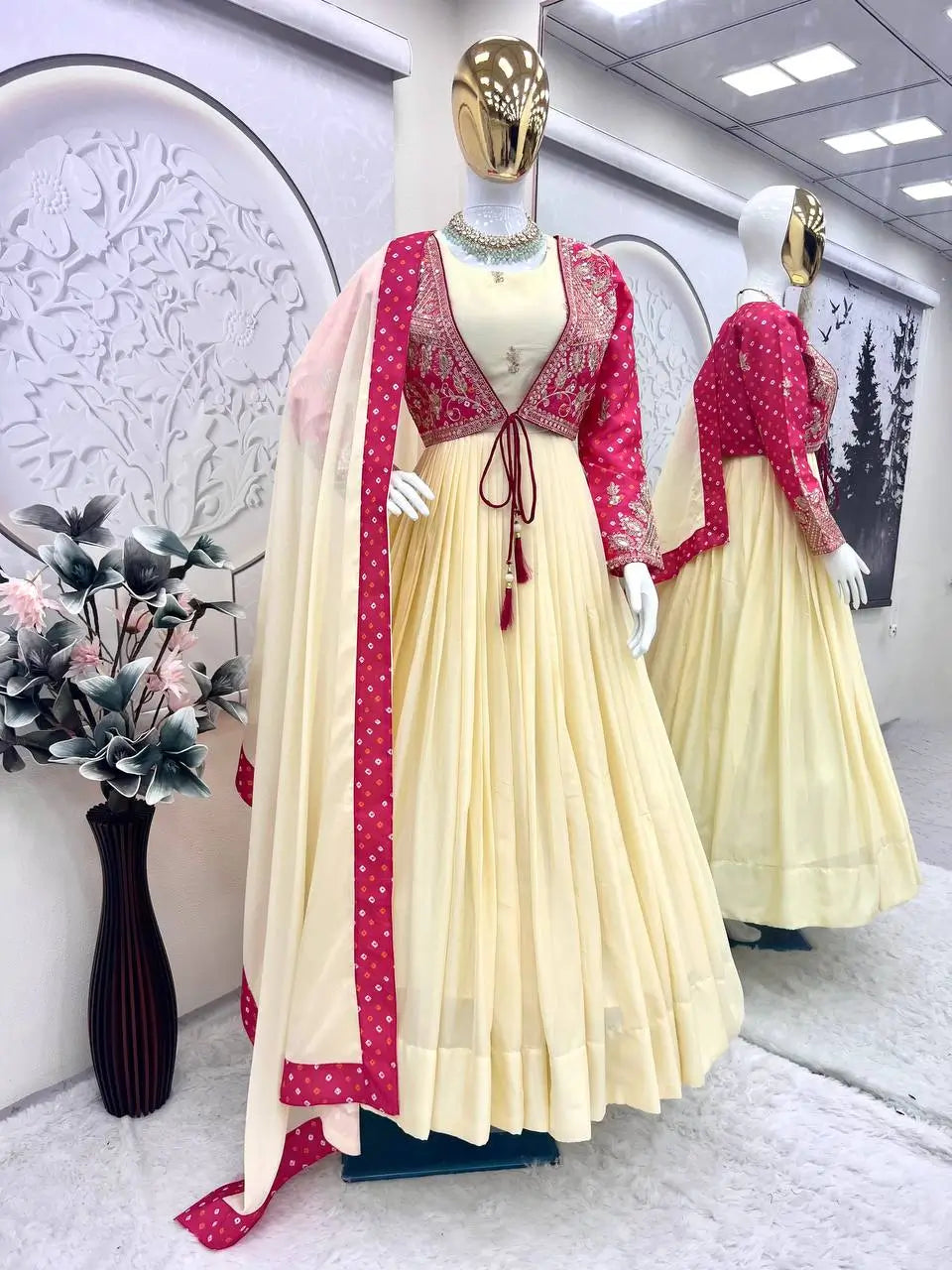 Chinon Silk Gown Set with Embroidered Koti and Dupatta