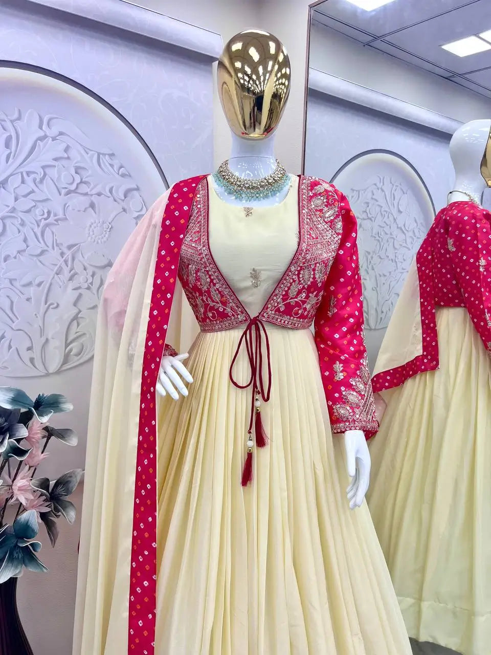 Chinon Silk Gown Set with Embroidered Koti and Dupatta