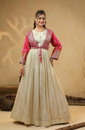 Chinon Silk Gown Set with Embroidered Koti and Dupatta