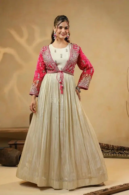 Chinon Silk Gown Set with Embroidered Koti and Dupatta