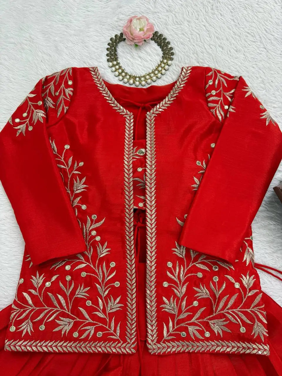 Chinon Silk Lehenga Choli with Embroidered Koti for Wedding and Festive Wear
