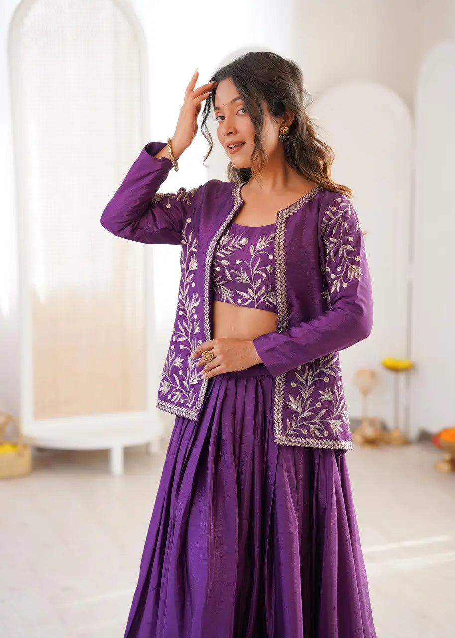 Chinon Silk Lehenga Choli with Embroidered Koti for Wedding and Festive Wear