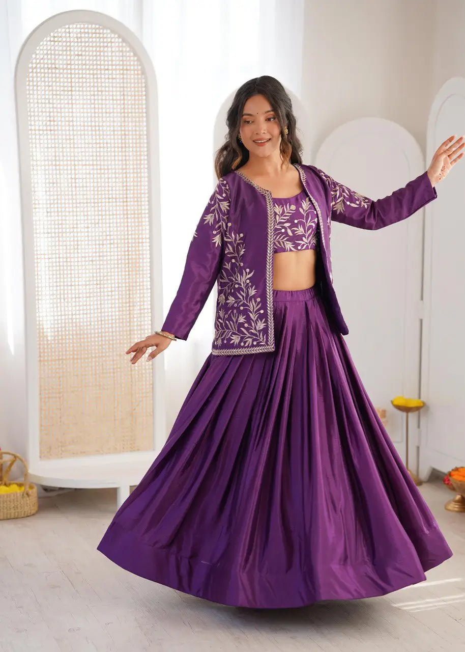 Chinon Silk Lehenga Choli with Embroidered Koti for Wedding and Festive Wear