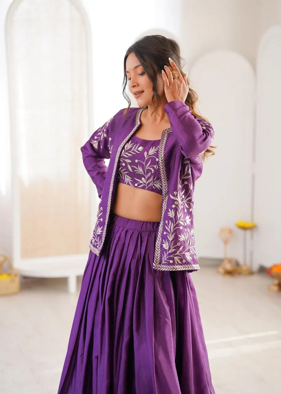 Chinon Silk Lehenga Choli with Embroidered Koti for Wedding and Festive Wear