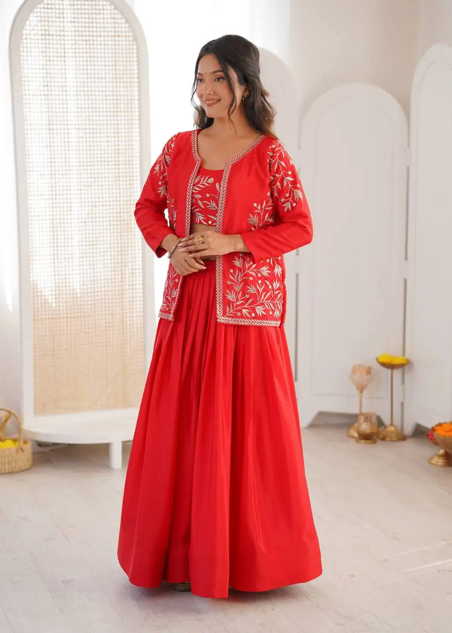 Chinon Silk Lehenga Choli with Embroidered Koti for Wedding and Festive Wear