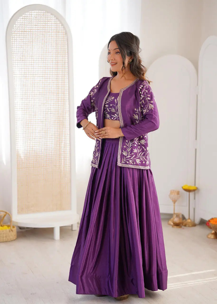 Chinon Silk Lehenga Choli with Embroidered Koti for Wedding and Festive Wear