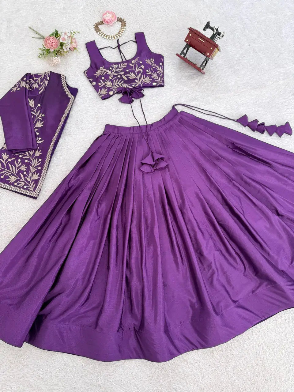 Chinon Silk Lehenga Choli with Embroidered Koti for Wedding and Festive Wear