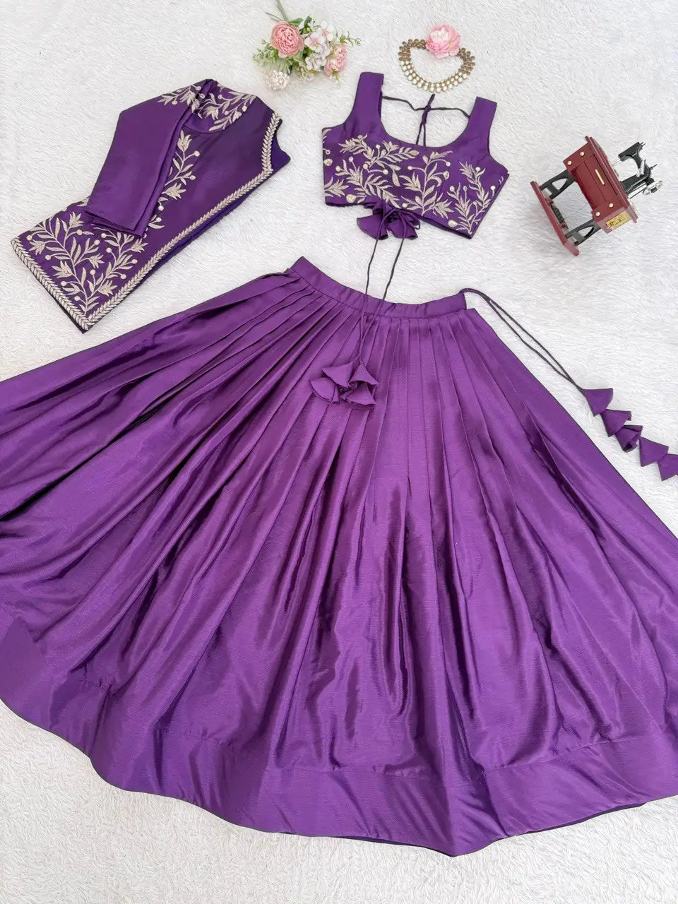 Chinon Silk Lehenga Choli with Embroidered Koti for Wedding and Festive Wear