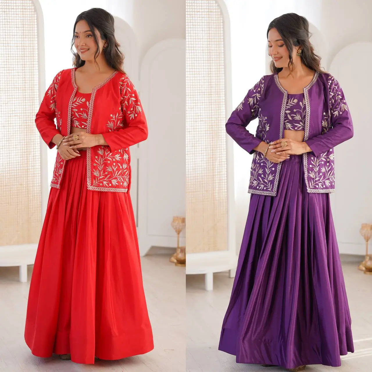 Chinon Silk Lehenga Choli with Embroidered Koti for Wedding and Festive Wear