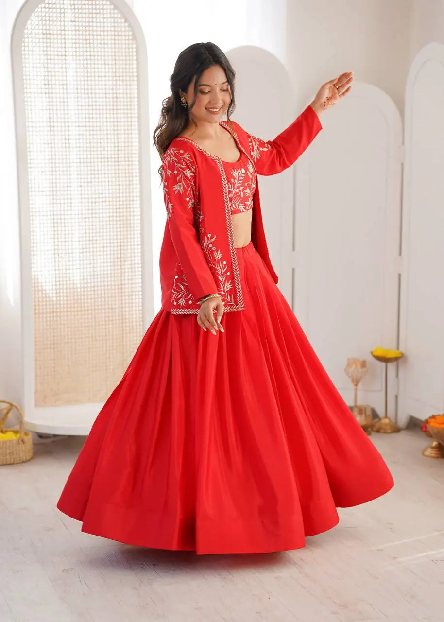 Chinon Silk Lehenga Choli with Embroidered Koti for Wedding and Festive Wear
