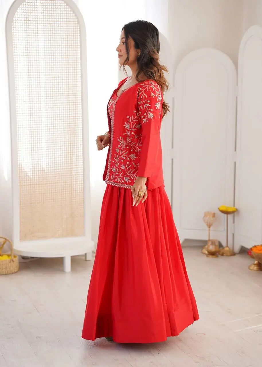 Chinon Silk Lehenga Choli with Embroidered Koti for Wedding and Festive Wear