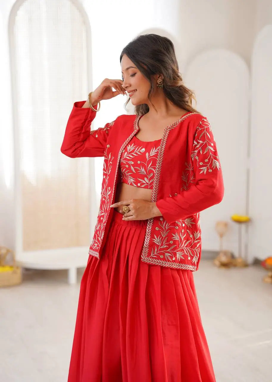 Chinon Silk Lehenga Choli with Embroidered Koti for Wedding and Festive Wear