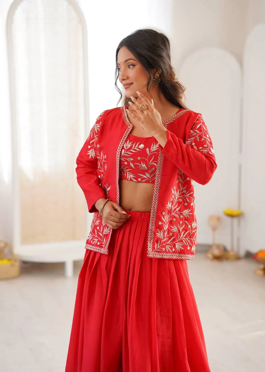 Chinon Silk Lehenga Choli with Embroidered Koti for Wedding and Festive Wear