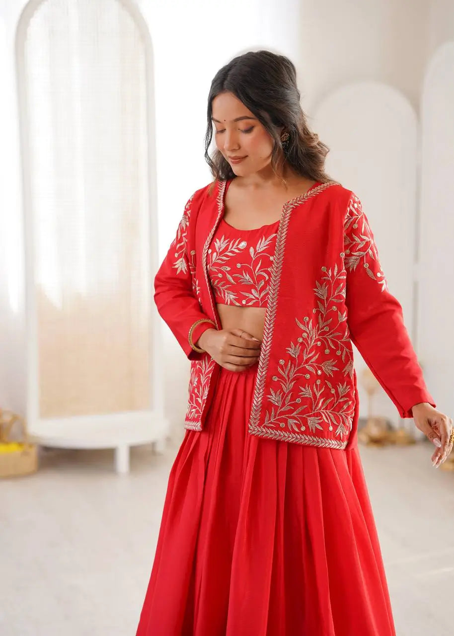 Chinon Silk Lehenga Choli with Embroidered Koti for Wedding and Festive Wear