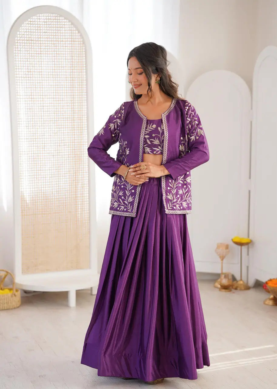 Chinon Silk Lehenga Choli with Embroidered Koti for Wedding and Festive Wear