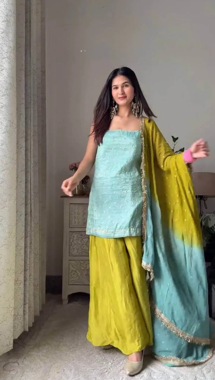 Chinon Silk Sequence Work Kurta Set with Palazzo & Dupatta – Elegant Festive Wear