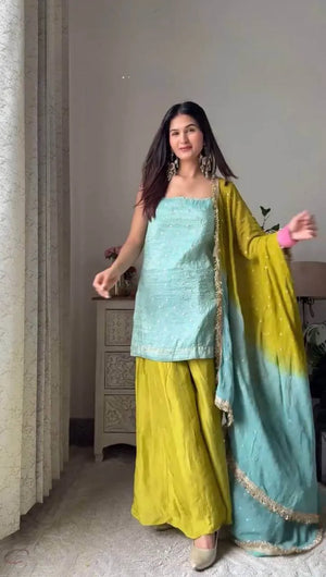 Chinon Silk Sequence Work Kurta Set with Palazzo & Dupatta – Elegant Festive Wear