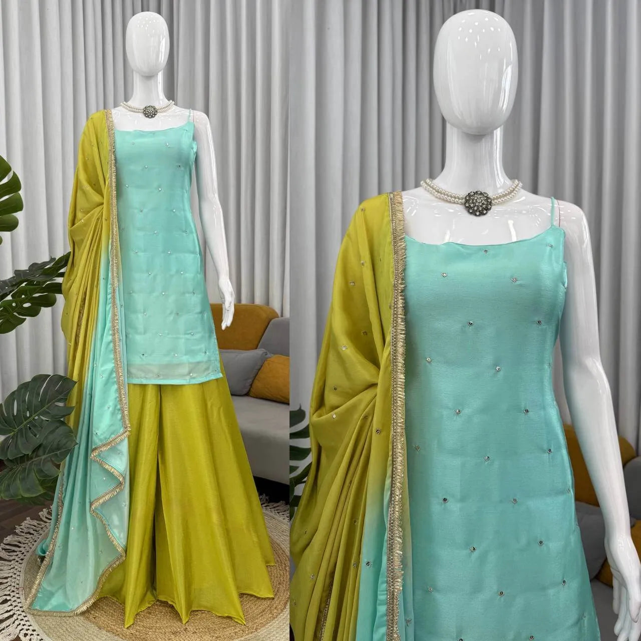 Chinon Silk Sequence Work Kurta Set with Palazzo & Dupatta – Elegant Festive Wear
