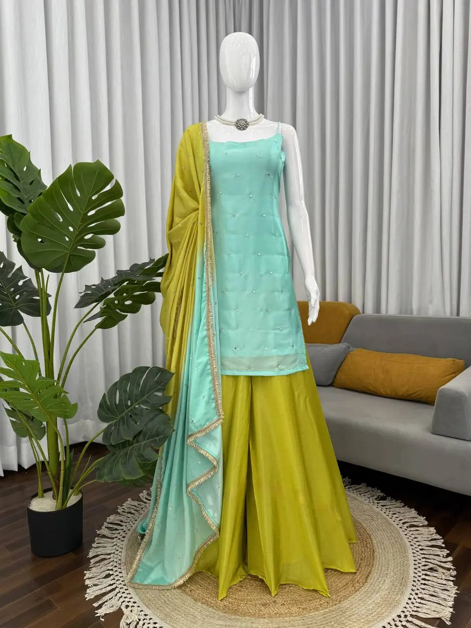 Chinon Silk Sequence Work Kurta Set with Palazzo & Dupatta – Elegant Festive Wear