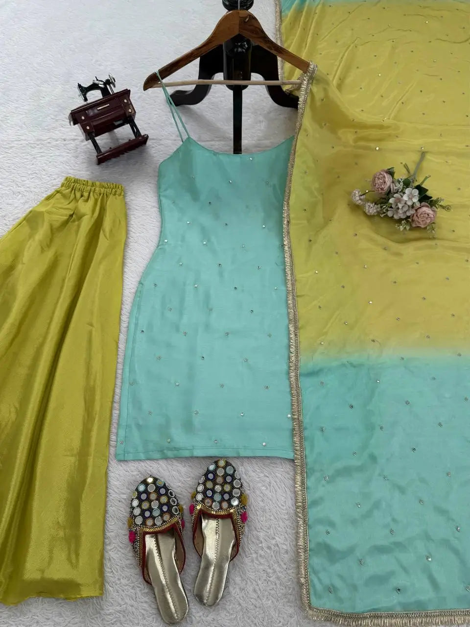Chinon Silk Sequence Work Kurta Set with Palazzo & Dupatta – Elegant Festive Wear